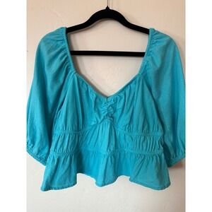 A New Day Turquoise Blue Linen Blend Puff Sleeve Peplum Top Sweetheart Neck L